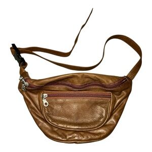 Brown Leather Hiking Waist Pack with Adjustable Strap and 3 Zipper Pockets